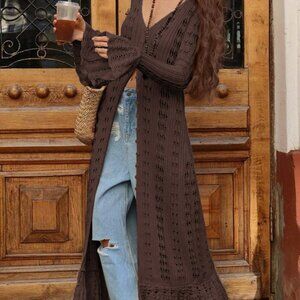 Brown Casual Women's Long Sleeve Button Elegant Crochet caridgan